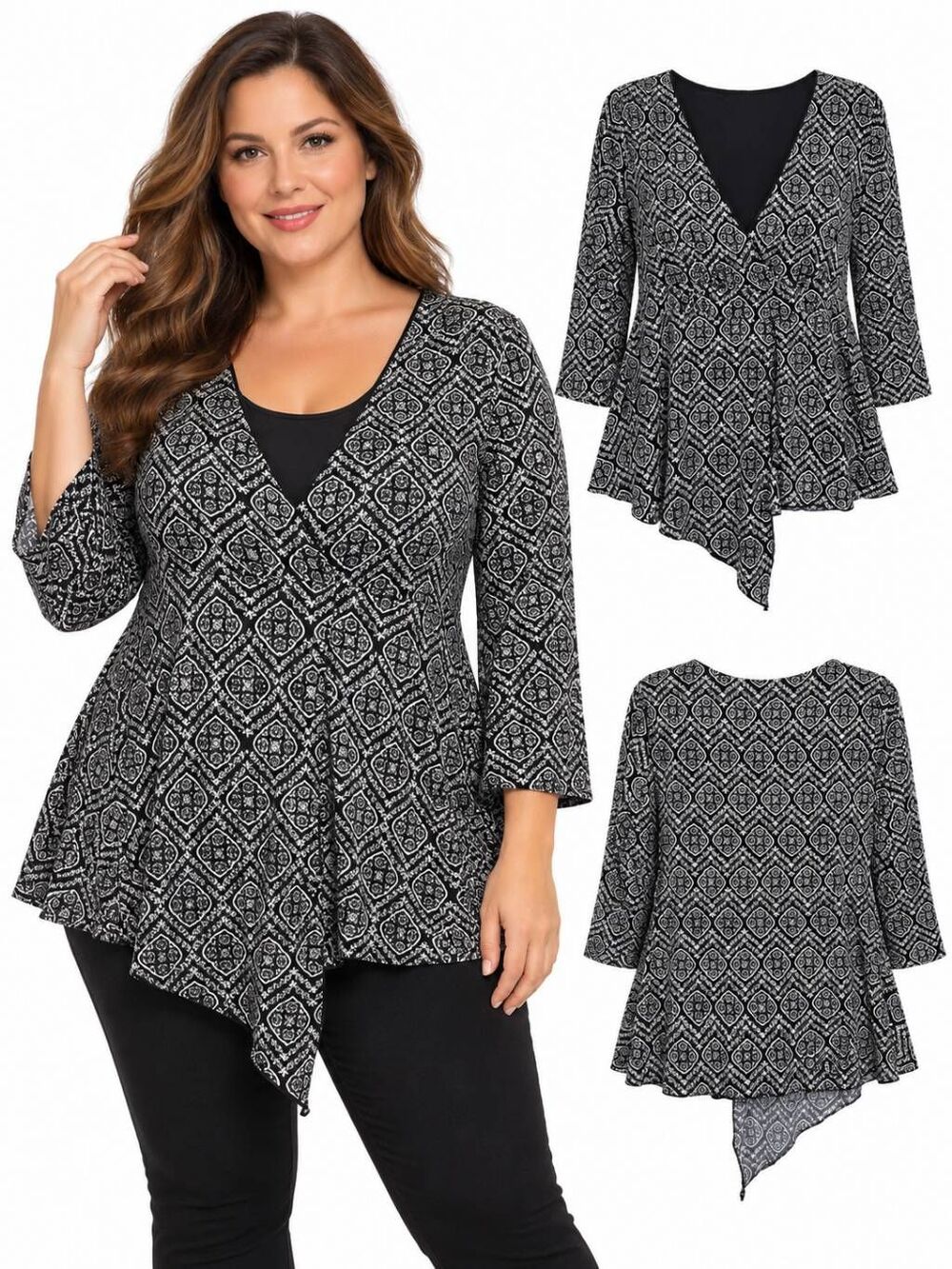 New Directions Black White Print Wrap Blouse XL